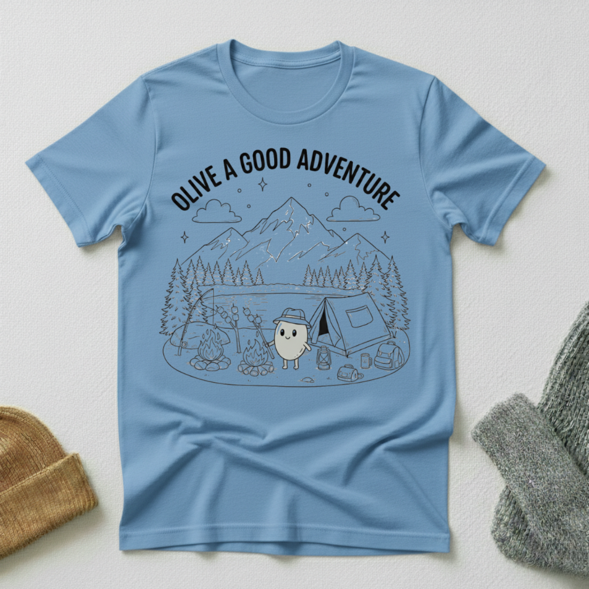 Olive A Good Adventure Camping Stencil T - Shirt
