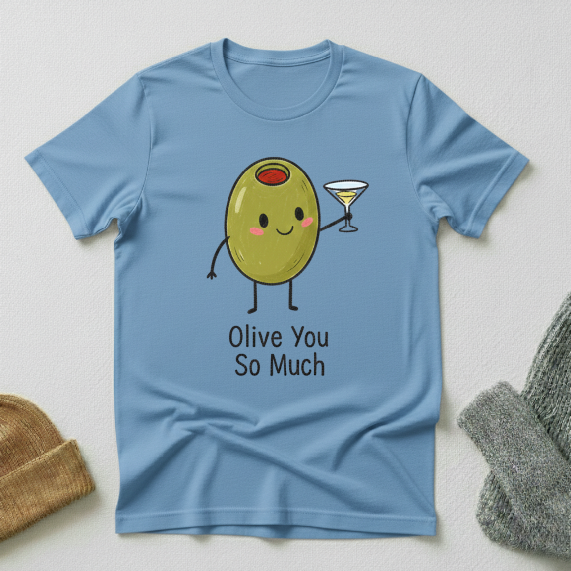 Olive You So Much Martini Glass Cartoon T - Shirt