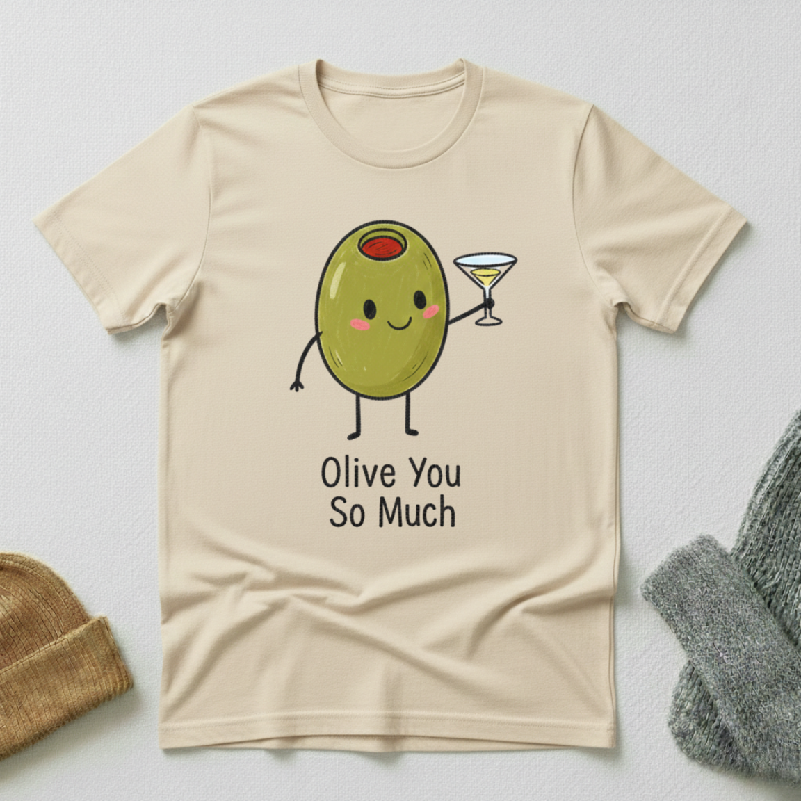 Olive You So Much Martini Glass Cartoon T - Shirt