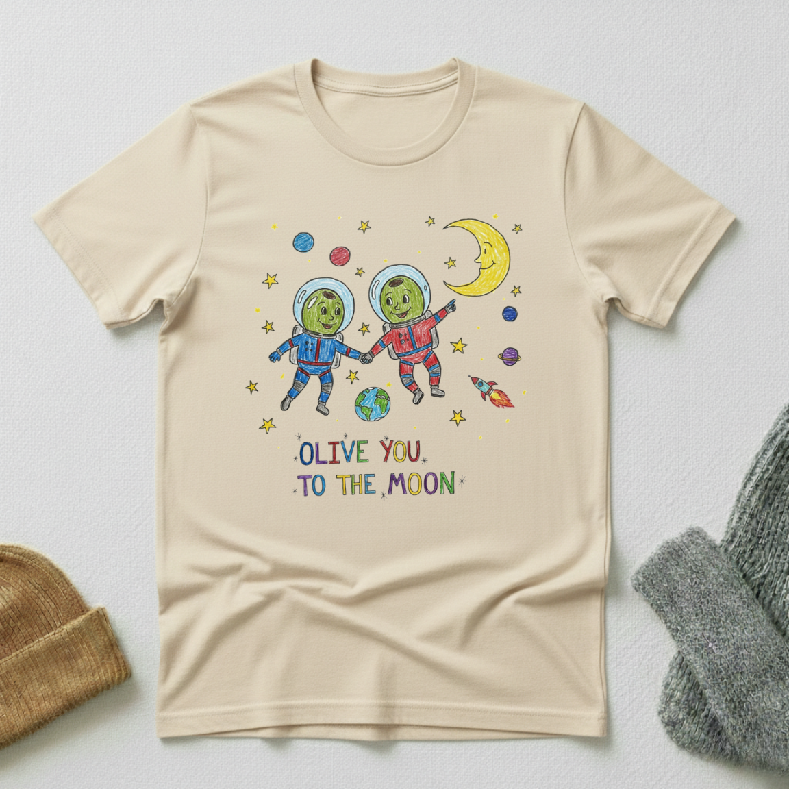 Olive You To The Moon Astronaut Crayon T - Shirt
