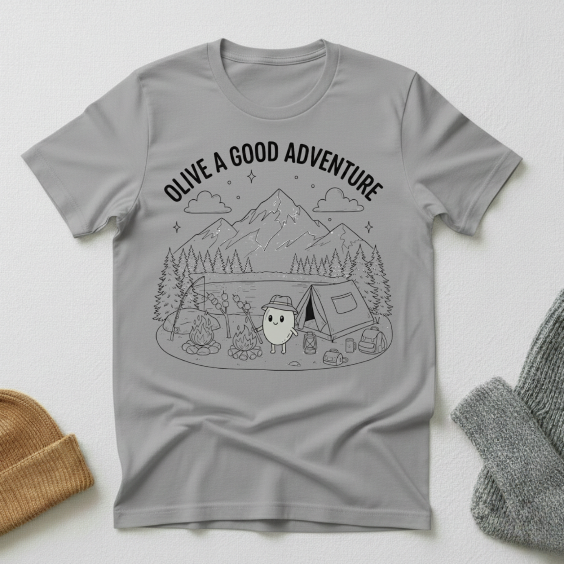 Olive A Good Adventure Camping Stencil T - Shirt
