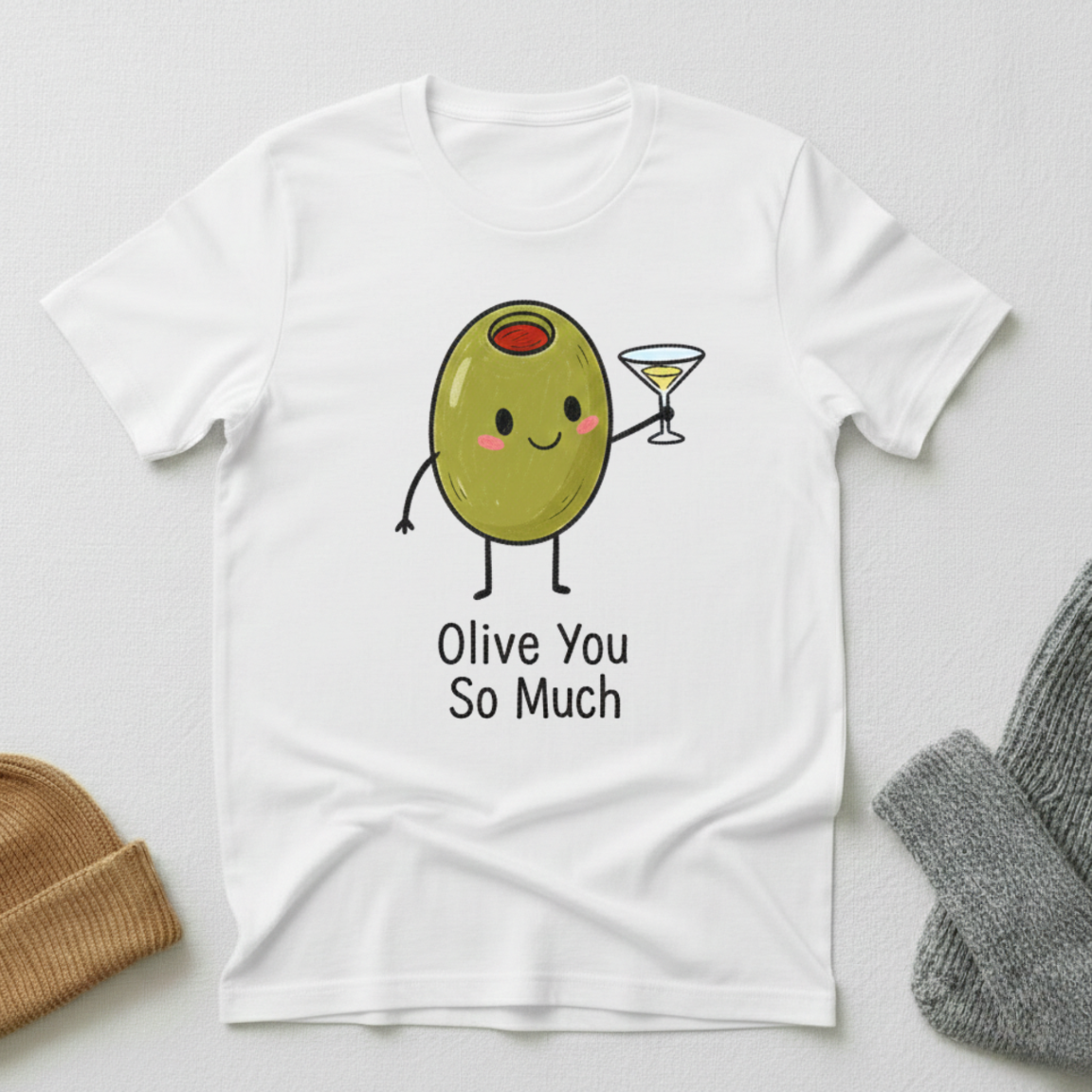 Olive You So Much Martini Glass Cartoon T - Shirt